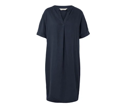 Robe en lin bleu marine à manches courtes et col en V.