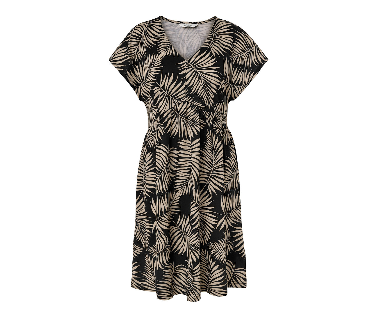Robe en jersey imprimée avec des feuilles noires et beiges.