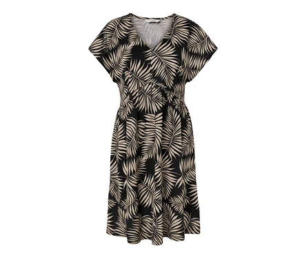 Robe en jersey imprimée avec des feuilles noires et beiges.