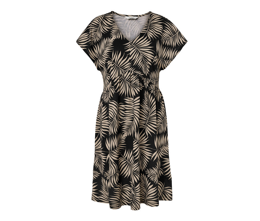 Robe en jersey imprimée avec des feuilles noires et beiges.