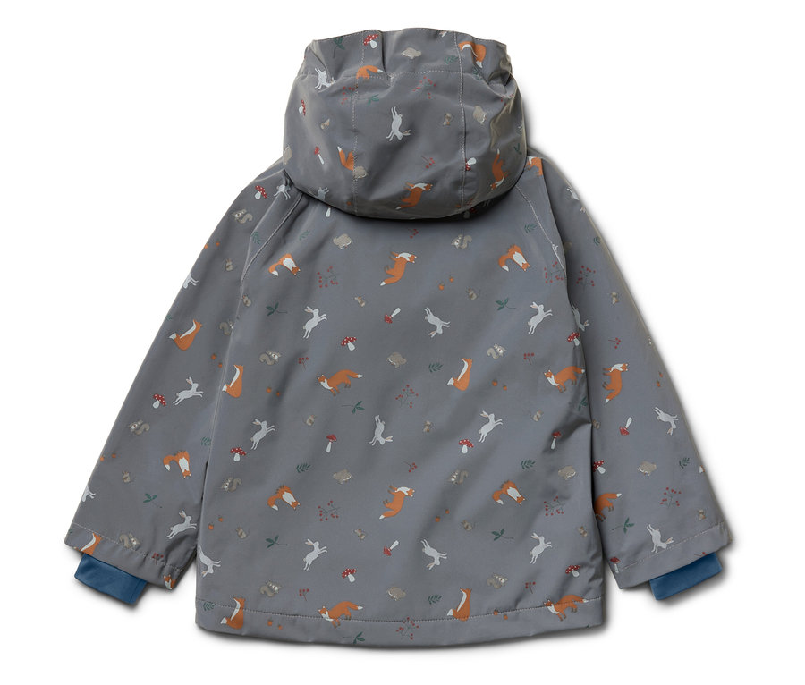 Veste grise à capuche pour enfants, imprimée avec des renards, des lièvres, des champignons et des arbres.