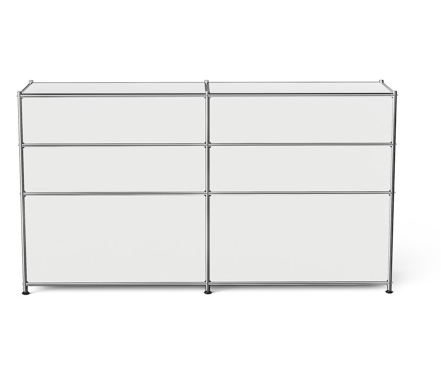 Système de rangement modulaire blanc avec six compartiments et un cadre chromé.
