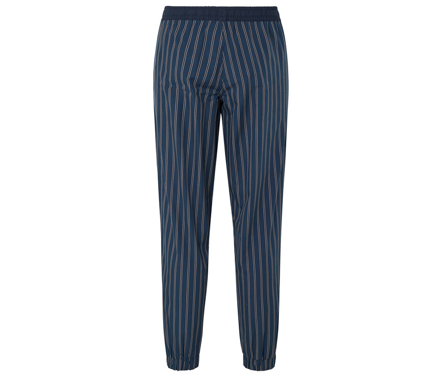 Pantalon bleu rayé avec cordon de serrage à la taille.
