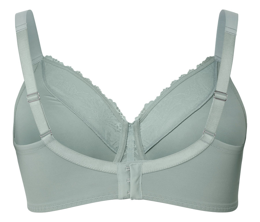 Vue détaillée de l'arrière d'un soutien-gorge vert clair avec de la dentelle et des bretelles réglables.