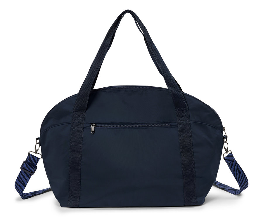 Sac de voyage bleu marine avec poignées et bandoulière à rayures bleues.