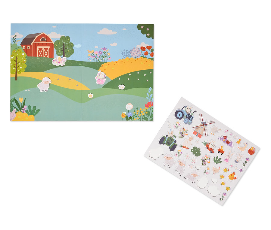 Livre de jeu dépliant avec une scène de ferme et une feuille d'autocollants séparée avec des animaux de ferme et des véhicules.