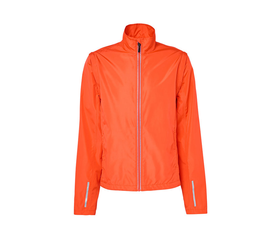Veste cycliste 2 en 1 orange avec fermeture éclair argentée.