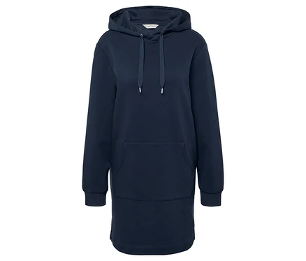 Robe sweat à capuche bleue à manches longues.