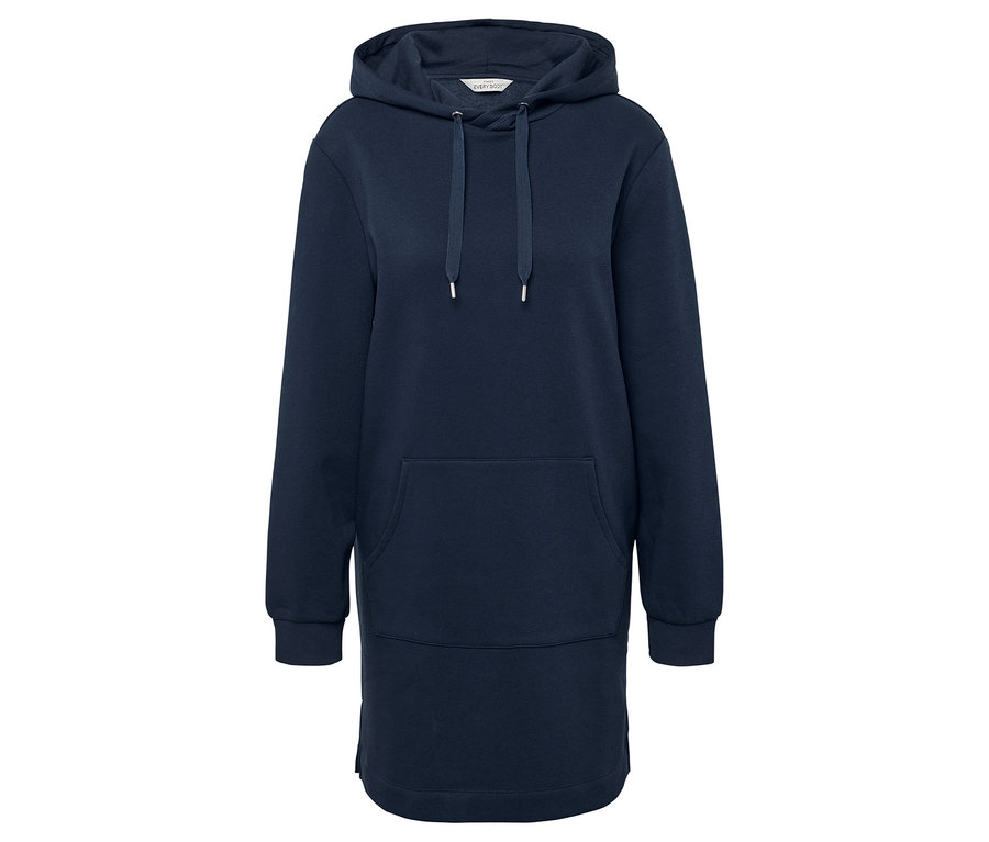 Robe sweat à capuche bleue à manches longues.