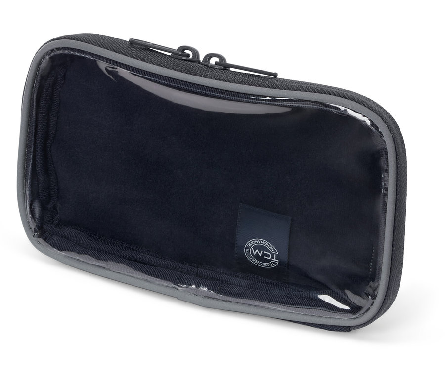 Trousse rectangulaire vide avec fenêtre transparente et fermeture éclair noire sur fond blanc.