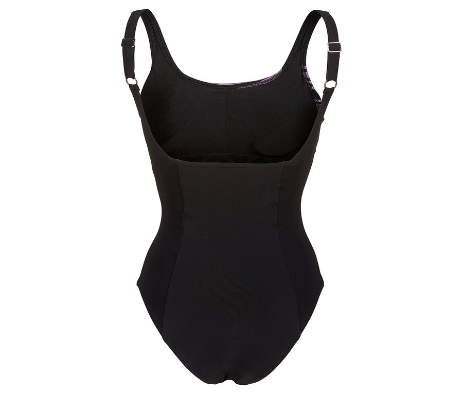 Maillot de bain noir avec bretelles réglables, photographié de dos.