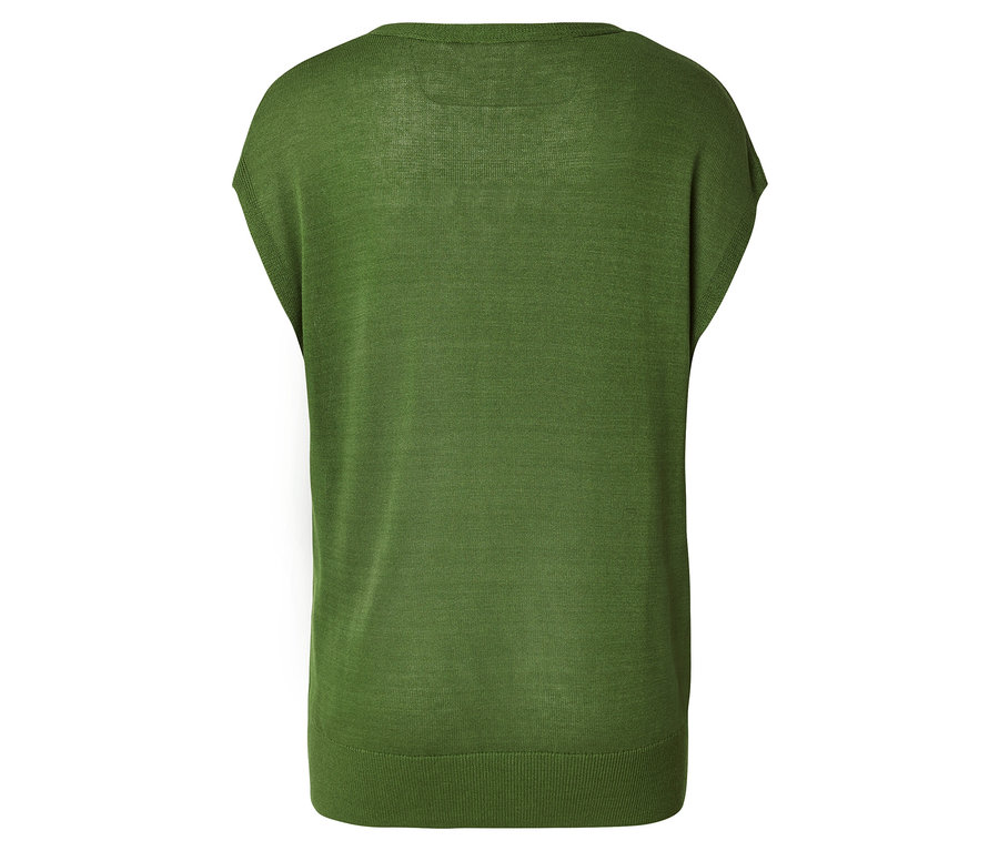 Pull en tricot vert sans manches, vue arrière.