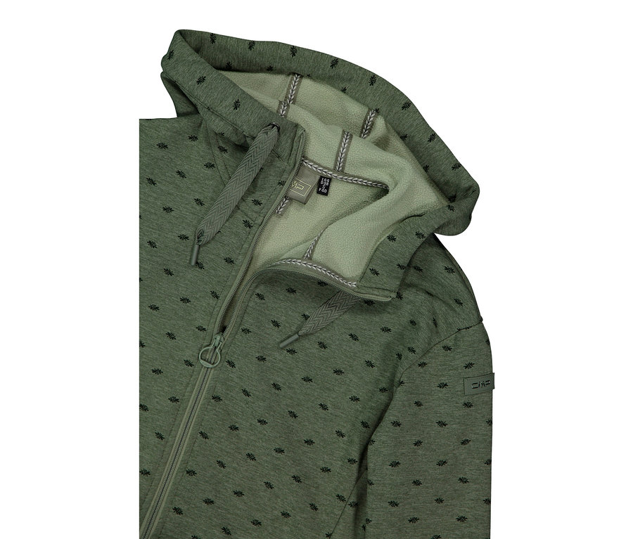 Gros plan d'un sweat à capuche vert olive ouvert, zippé sur toute la longueur, avec un motif floral discret et répétitif.