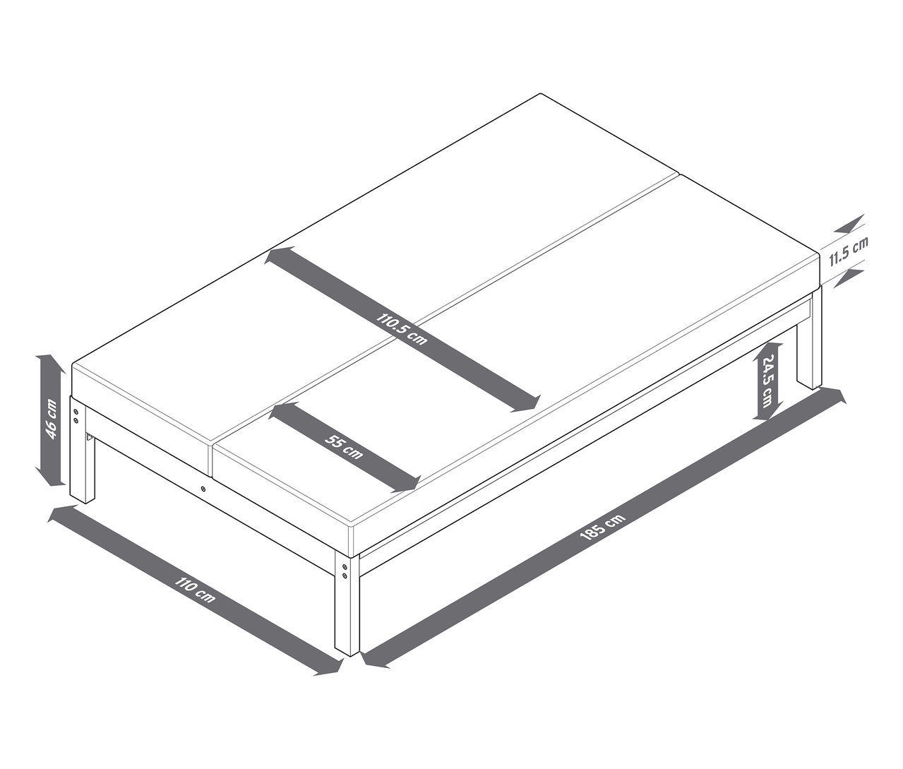 Présentation d'un banc de jardin 2 en 1 – bain de soleil double avec dimensions.