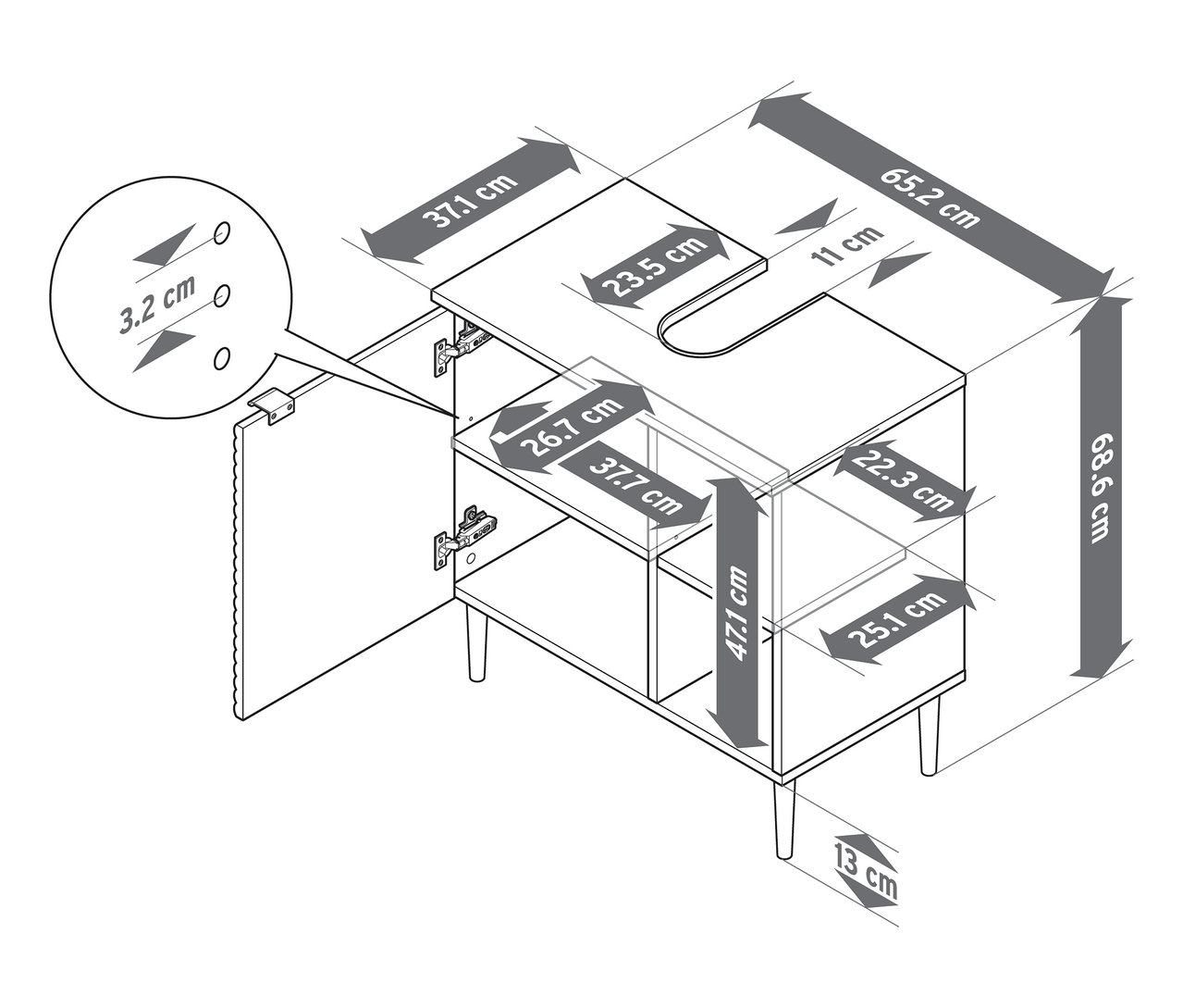Représentation schématique détaillée du meuble sous vasque « SONARI » avec porte, comprenant toutes les dimensions.