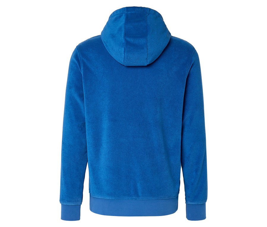 Vue arrière d'un sweat à capuche bleu en tissu éponge.