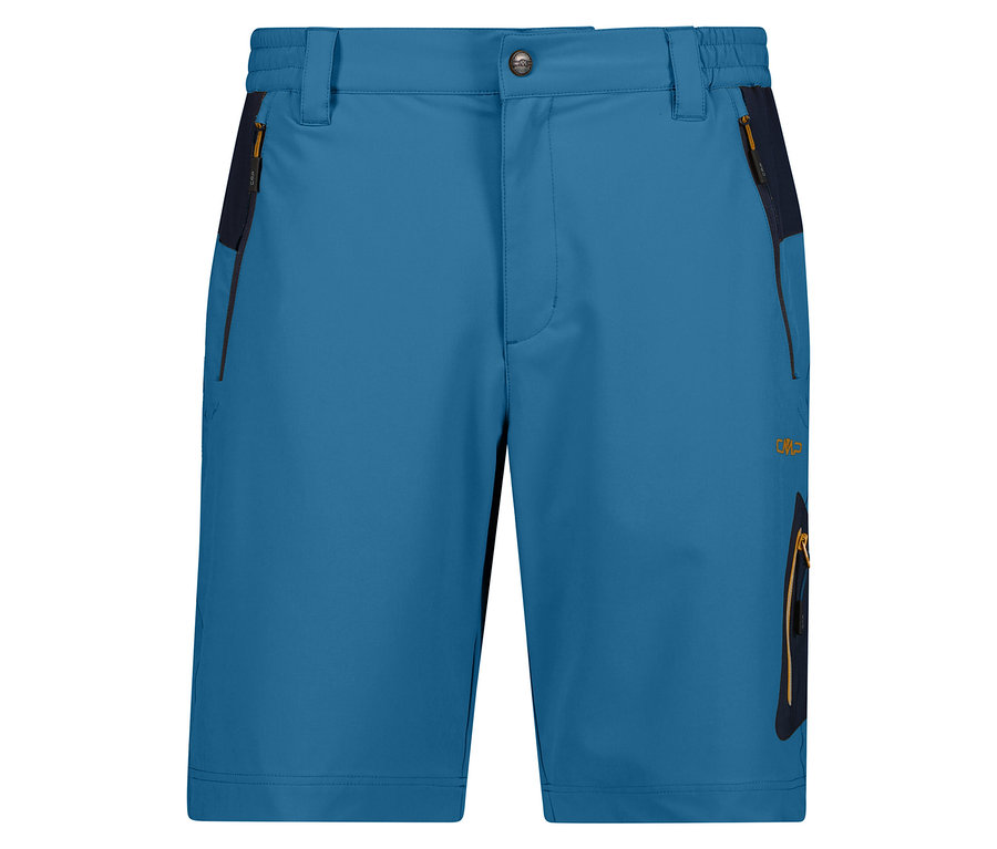 Gros plan sur le bermuda stretch 4 directions pour homme CMP en bleu avec poches zippées.