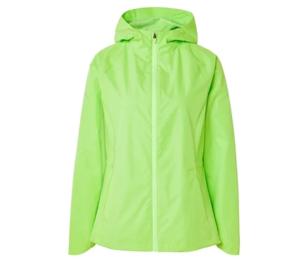 Une veste à capuche vert néon doublée est fermée par une fermeture éclair.