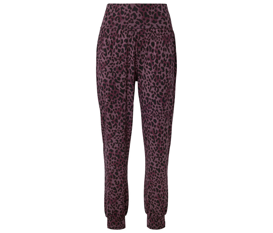 Pantalon de jogging violet à motif léopard noir, avec taille haute et chevilles élastiquées.