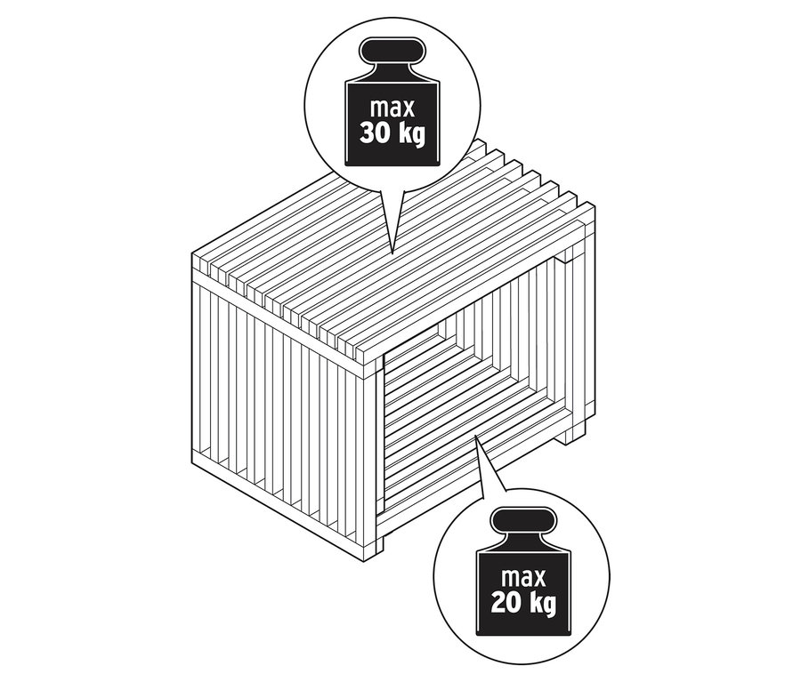 Vue de dessus d'une table basse à lattes avec des indications de poids maximum de 30 kg sur le dessus et de 20 kg sur l'étagère. Table basse extensible « FLEKSIBEL ».