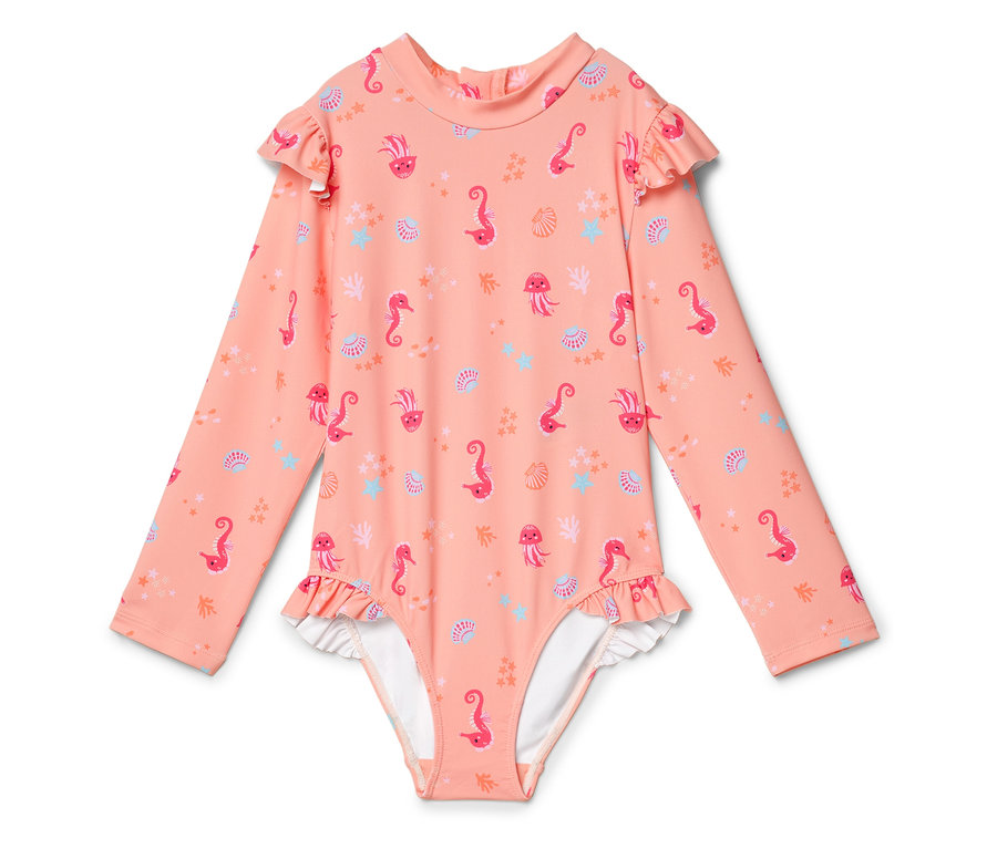 Maillot de bain pêche à manches longues avec volants et motifs d'hippocampes, de méduses et de coquillages.