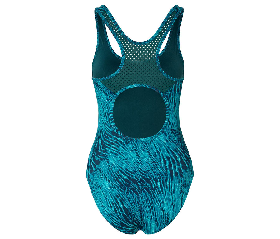Maillot de bain dans les tons bleu et vert avec dos nu et détails en maille.
