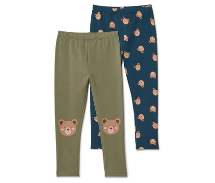 Deux leggings : un vert olive avec un motif d'ours sur le genou, un bleu marine avec un motif d'ours.