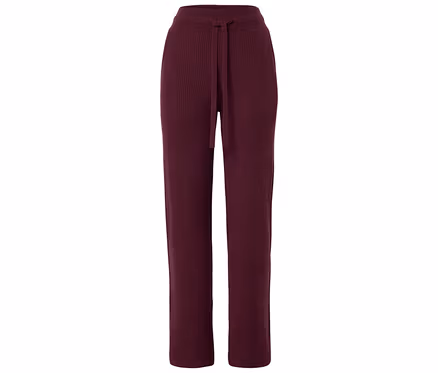Pantalon en maille côtelée bordeaux avec cordon de serrage sur fond blanc.