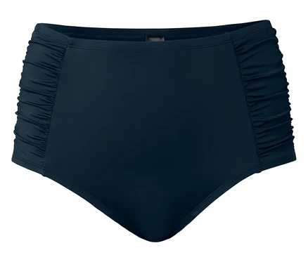 Bas de bikini bleu marine avec côtés froncés.