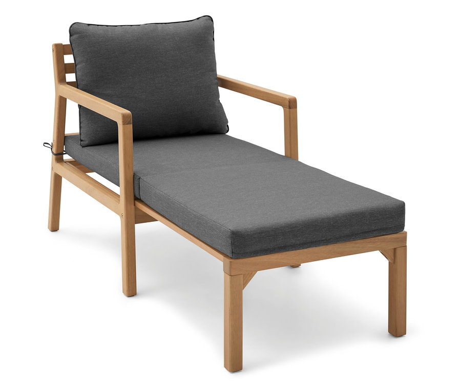 Un fauteuil de jardin extensible avec coussin et rembourrage gris.