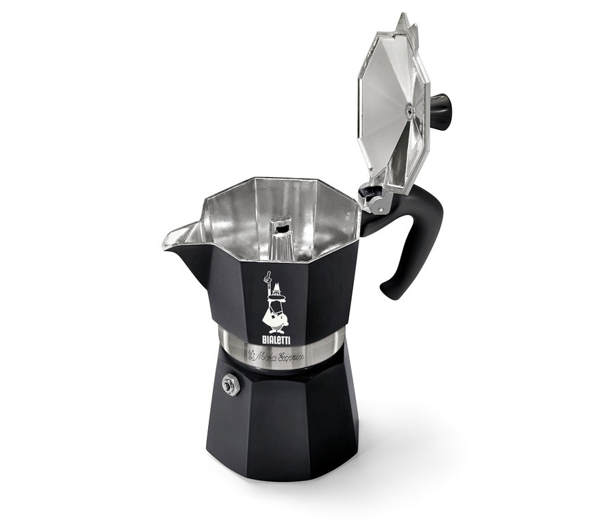 Cafetière italienne Bialetti noire ouverte sur fond blanc.