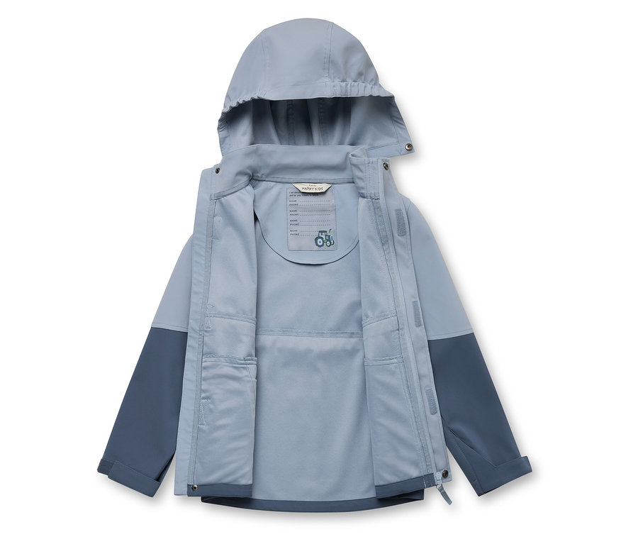 Veste d'enfant ouverte bleu clair avec capuche et manches bleu marine.