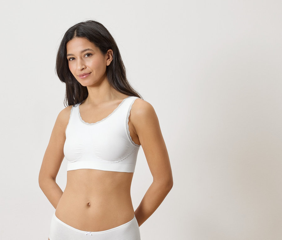 Une femme portant un soutien-gorge blanc bordé de dentelle et des sous-vêtements assortis sur un fond clair.