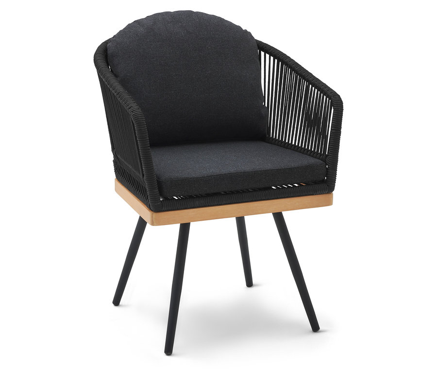 Chaise de jardin pivotante avec tressage textile, pieds noirs et coussins gris.