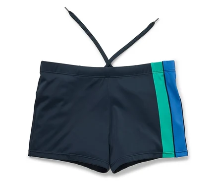 Maillot de bain bleu marine avec une bande verte et bleue sur la jambe.