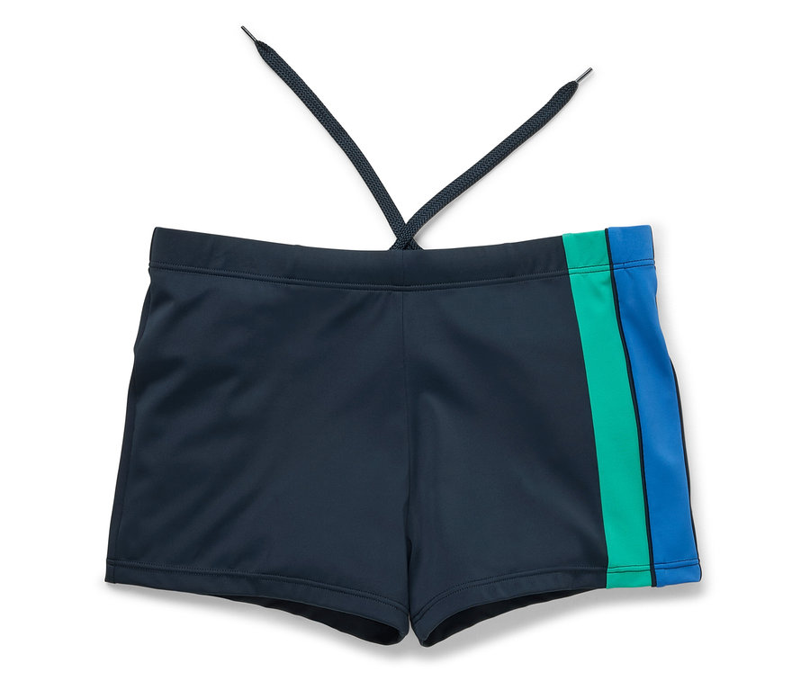 Maillot de bain bleu marine avec une bande verte et bleue sur la jambe.