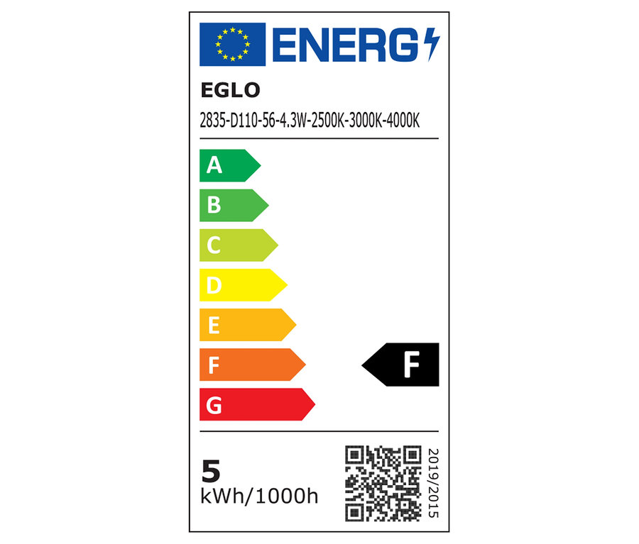 L'étiquette énergétique EGLO 2835-D110-56-4.3W indique la classe d'efficacité énergétique F et une consommation de 5 kWh/1000h.