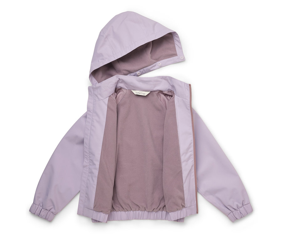 Veste d'enfant ouverte, de couleur violet clair, avec capuche et fermeture éclair, intérieur taupe.