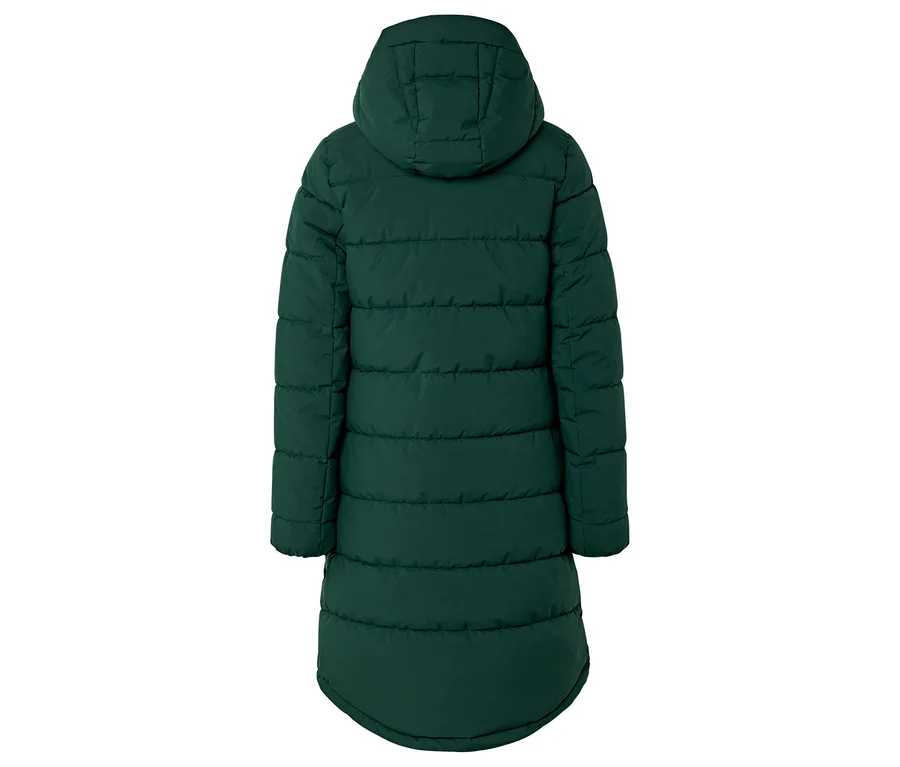 Vue arrière d'une longue veste matelassée vert foncé avec capuche.
