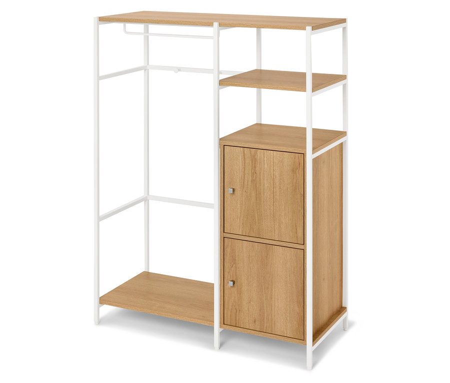 Une étagère avec un cadre blanc et des étagères et placards en bois.