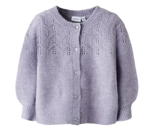 Veste en maille lilas pour enfant NAME IT avec cinq boutons et motif ajouré.