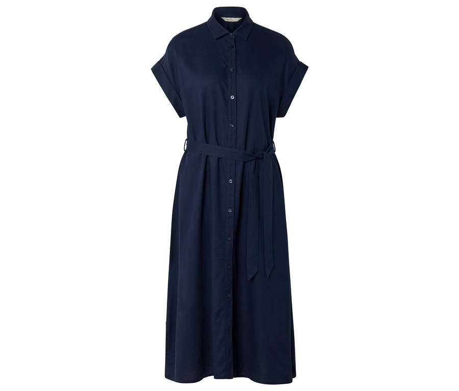 Robe chemise bleu marine à manches courtes avec ceinture à nouer.