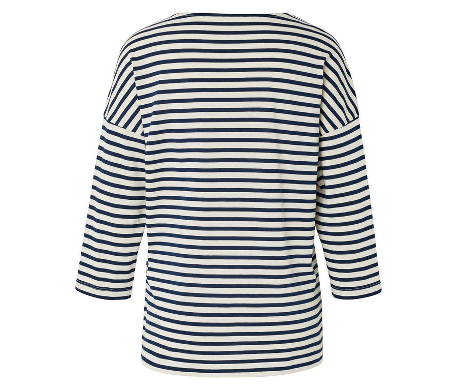 Vue arrière d'un t-shirt à manches longues rayé blanc et bleu marine.