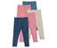 Cinq leggings pour enfants en bleu, rose, rose fané et beige sont superposés. Les leggings bleus, rose fané et beige sont imprimés de fleurs.