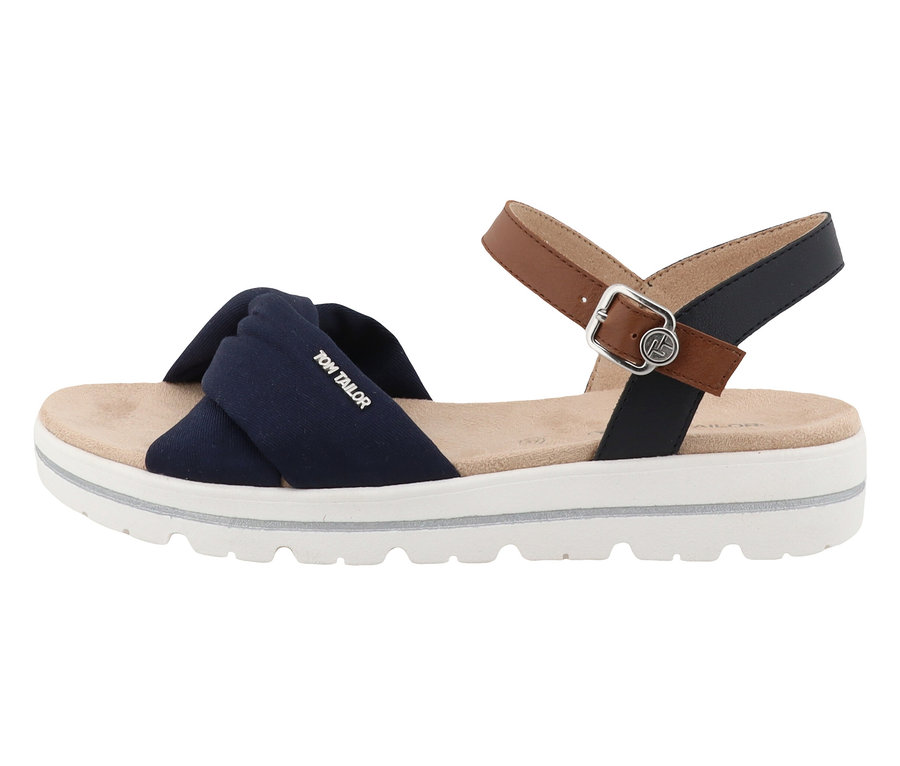 Sandales Tom Tailor bleu marine avec bride marron et boucle argentée sur le côté.