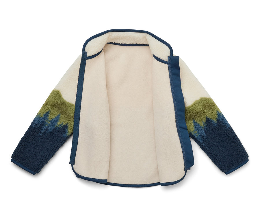 Veste polaire ouverte blanche avec motif de montagne bleu-vert sur les manches et détails bleu marine.