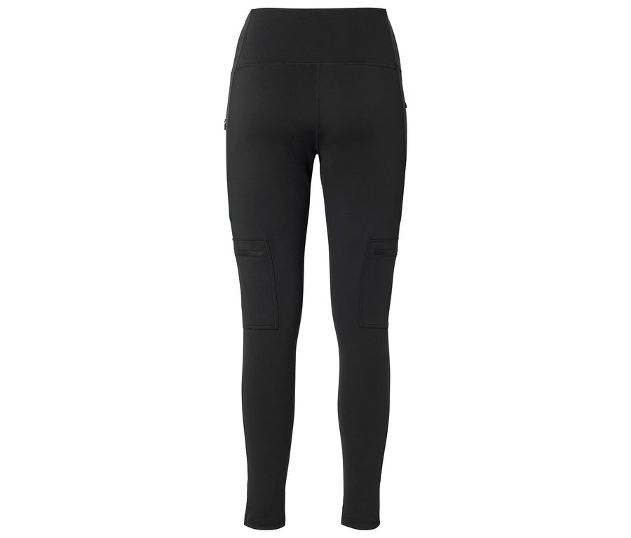 Legging noir taille haute avec des poches cargo sur les cuisses et une petite poche zippée sur la hanche gauche, vu de dos.