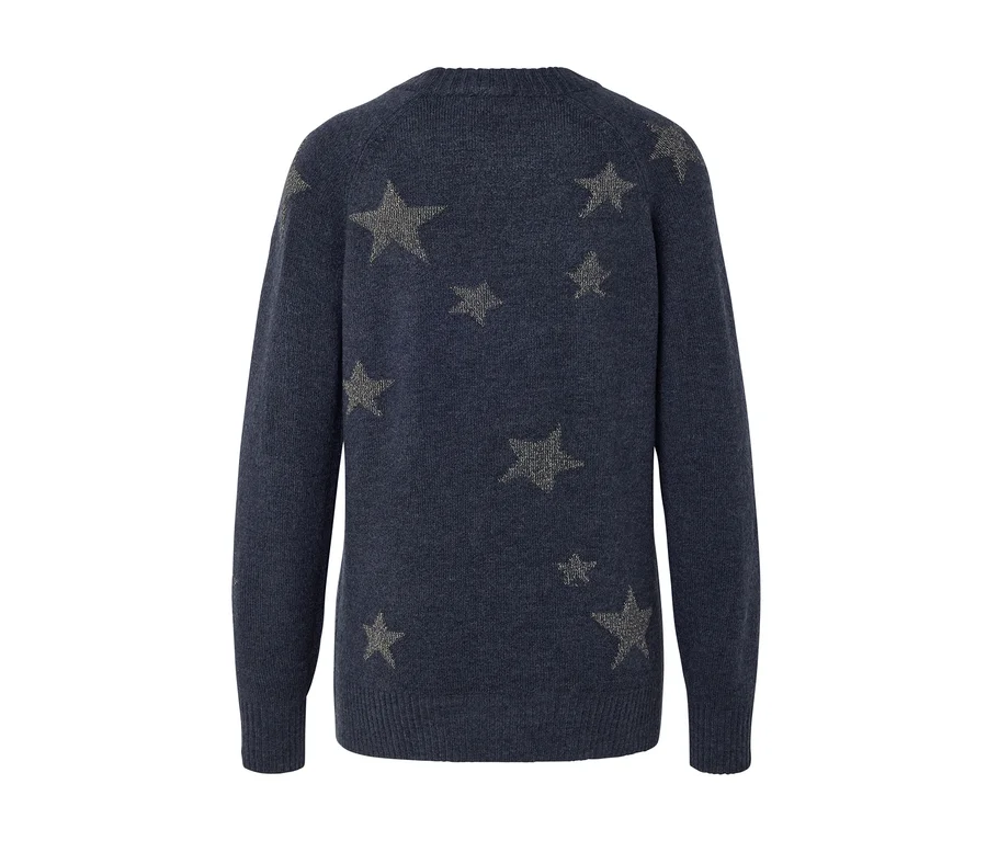 Pull bleu marine avec des étoiles argentées sur le dos et les manches.