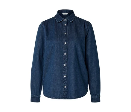 Chemise en jean bleu foncé à manches longues, col classique et boutons blancs sur le devant.