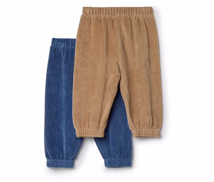 Deux pantalons en velours côtelé, un bleu et un marron clair, tous deux avec taille et chevilles élastiquées.
